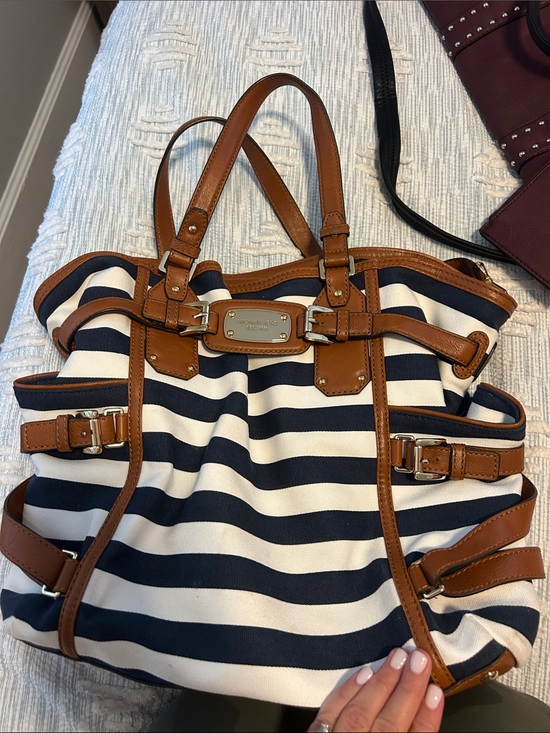 Michael Kors Handbags - Michael Kors Navy & White Striped Tote with Brown Trim
